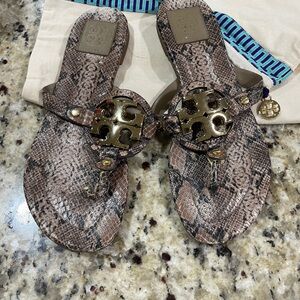 Tory Burch Brown Snake-Print Miller Sandals with Gold Logo
